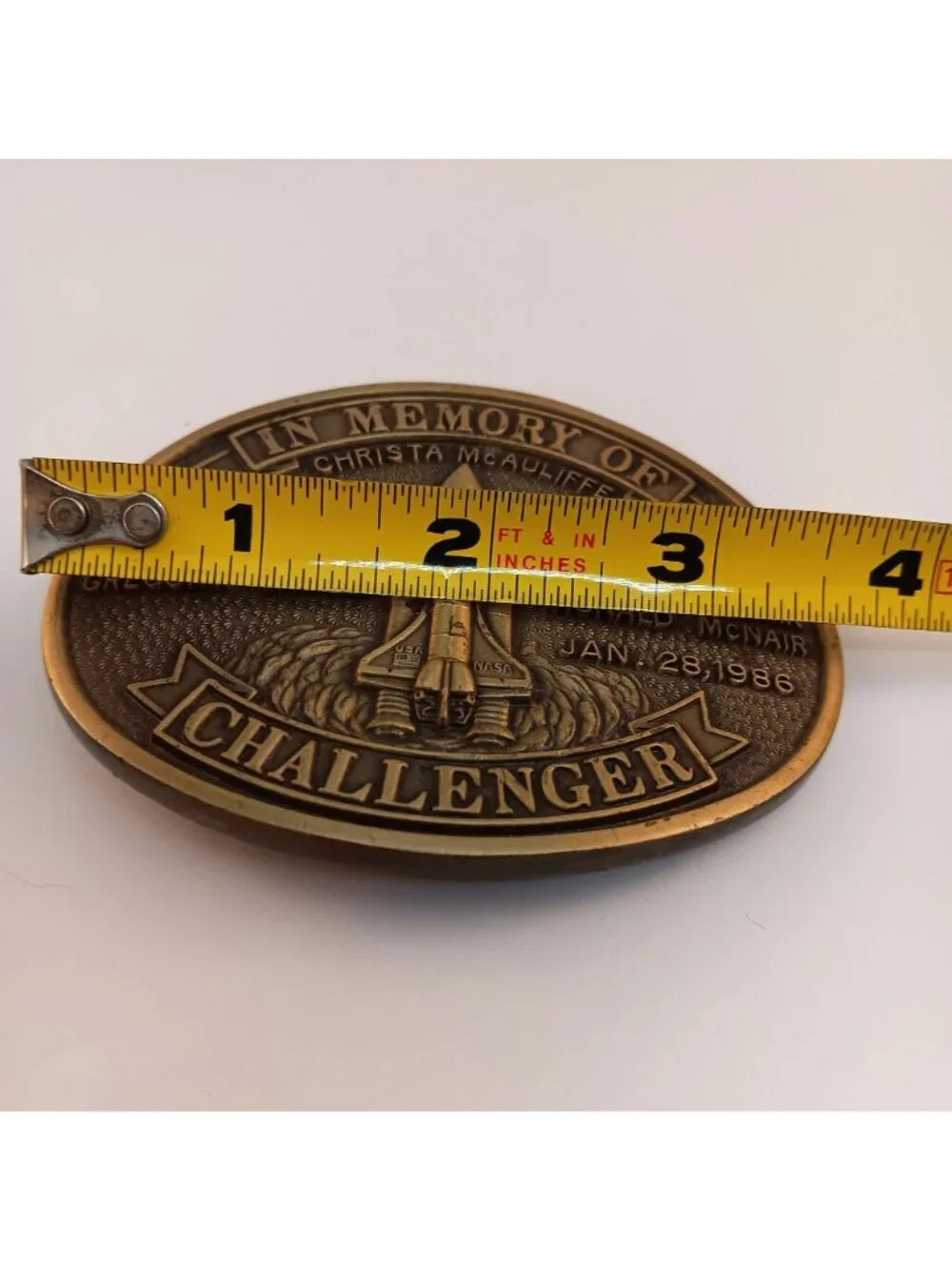 Vintage NASA Challenger Space Shuttle Memorial Belt Buckle Brass/Bronze 1986